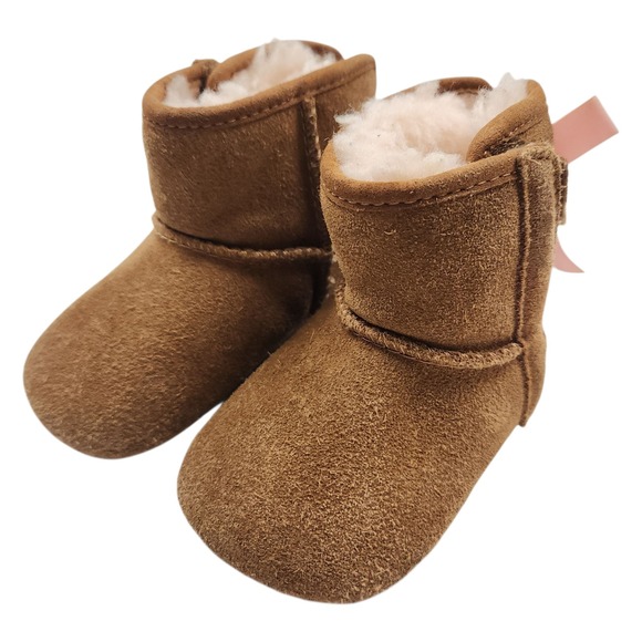 UGG Baby Girl Winter Booties Jesse Pink Bow II Size 2/3 Brown Suede 6-12 Months - Picture 2 of 9